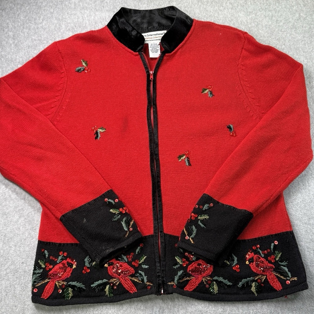 Vintage Tiara International Christmas Sweater Cardinal Birds‎ Beaded Red M